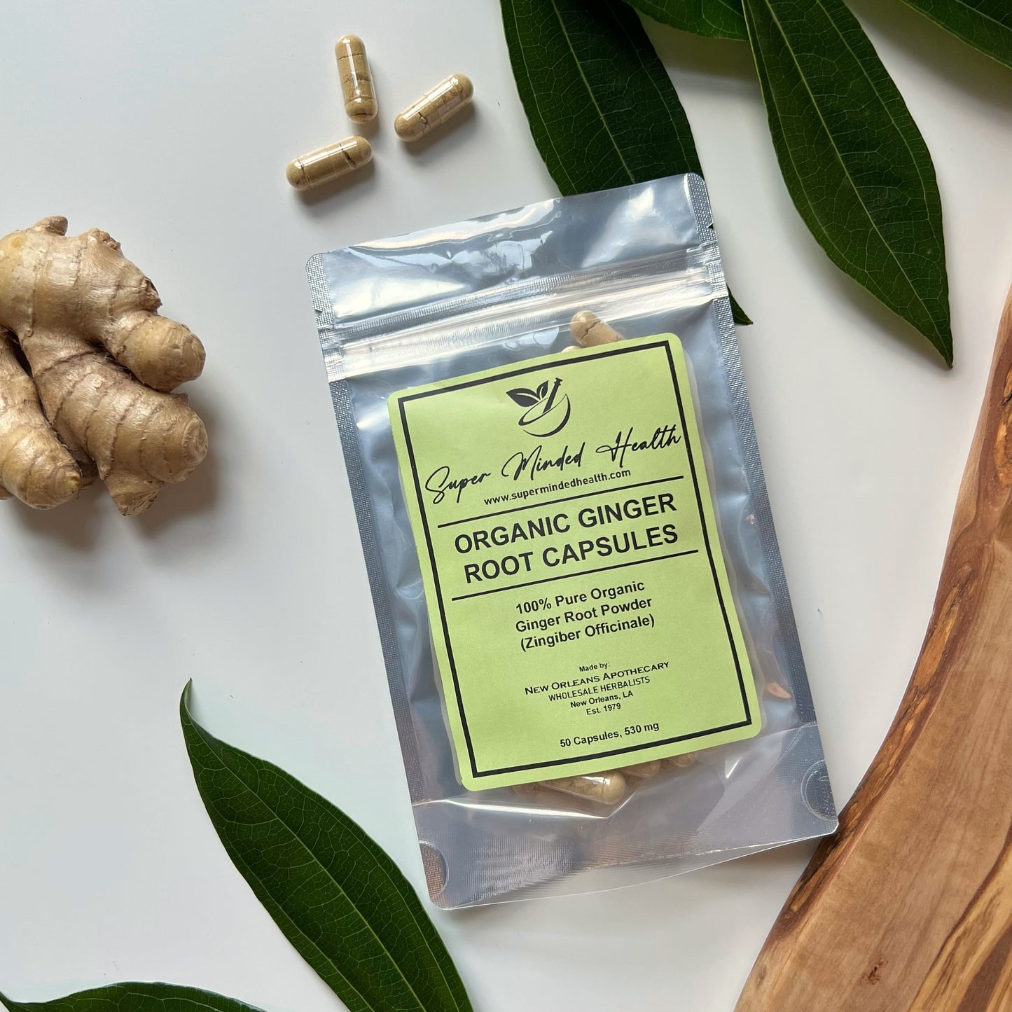 Organic Ginger Root Powder Capsules | Zingiber Officinale | 530mg | Adjuvant